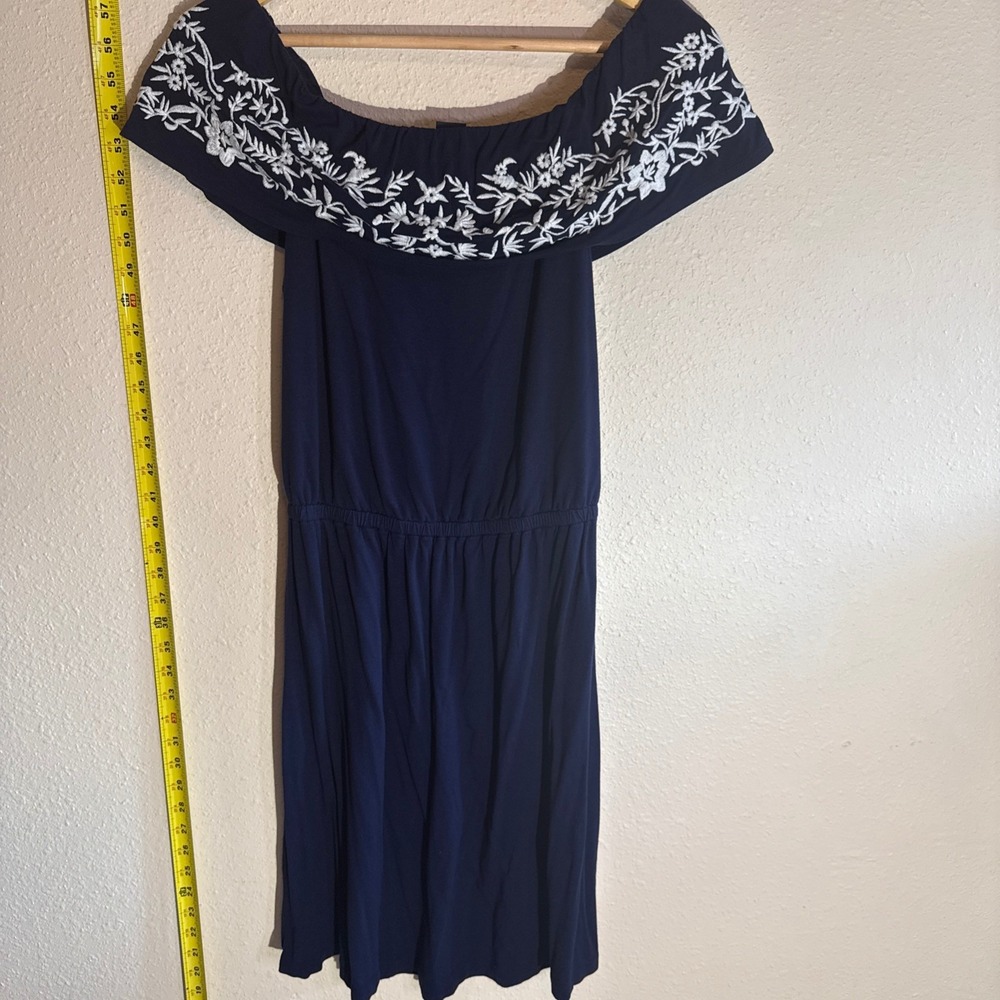 Lucky Brand Small Navy Blue Boho Embroidered Off Shoulder Coquette Mini Dress - Picture 2 of 6